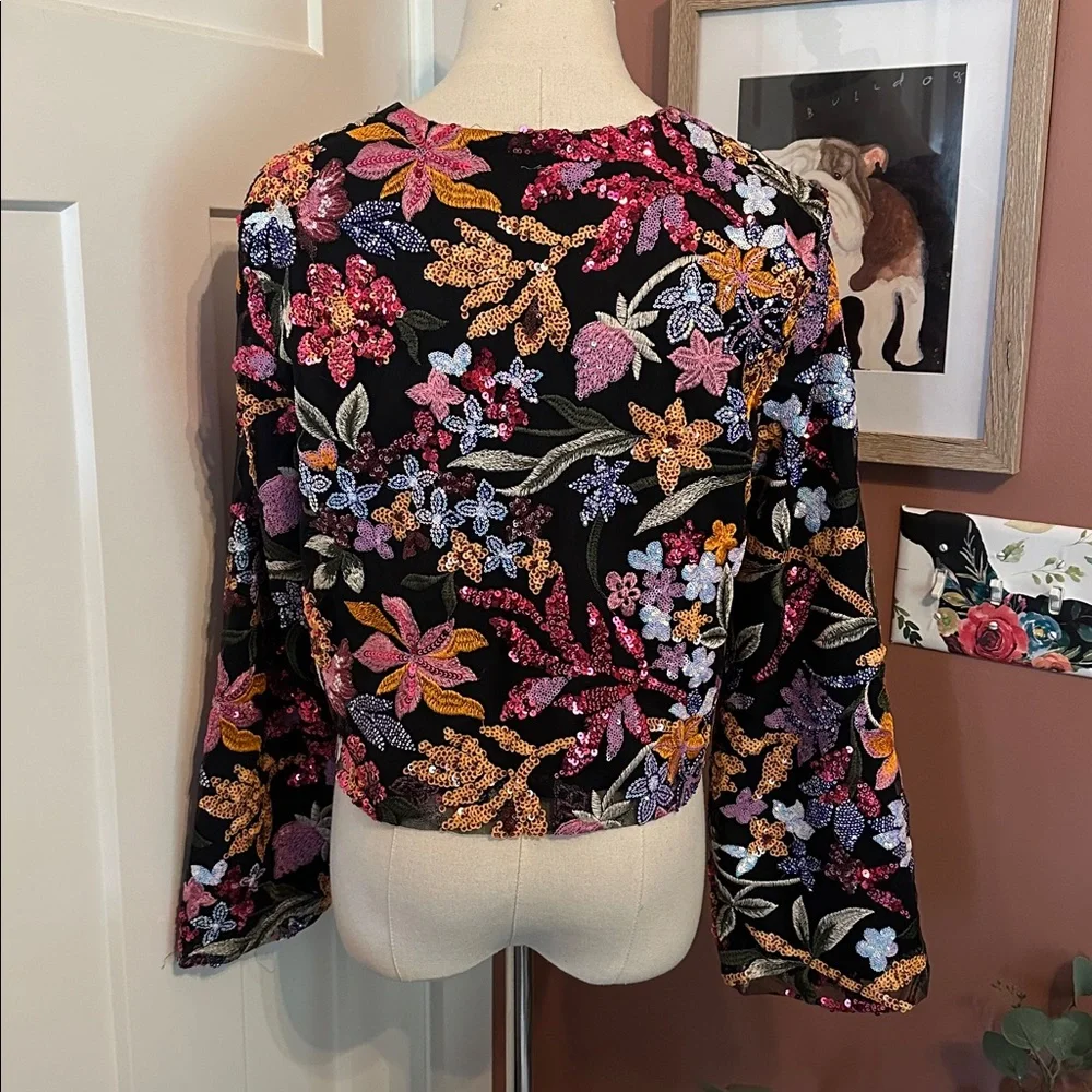 Anthropologie TINY floral slightly cropped sequins lined party Small blazer